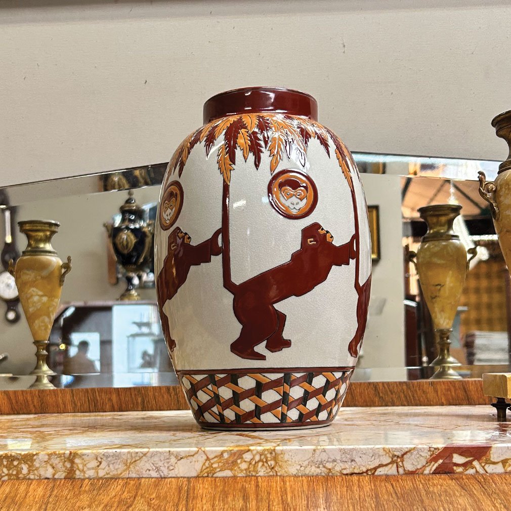 Art Deco Vase With Monkeys, Attributed To Keralouve, La Louvière-photo-4