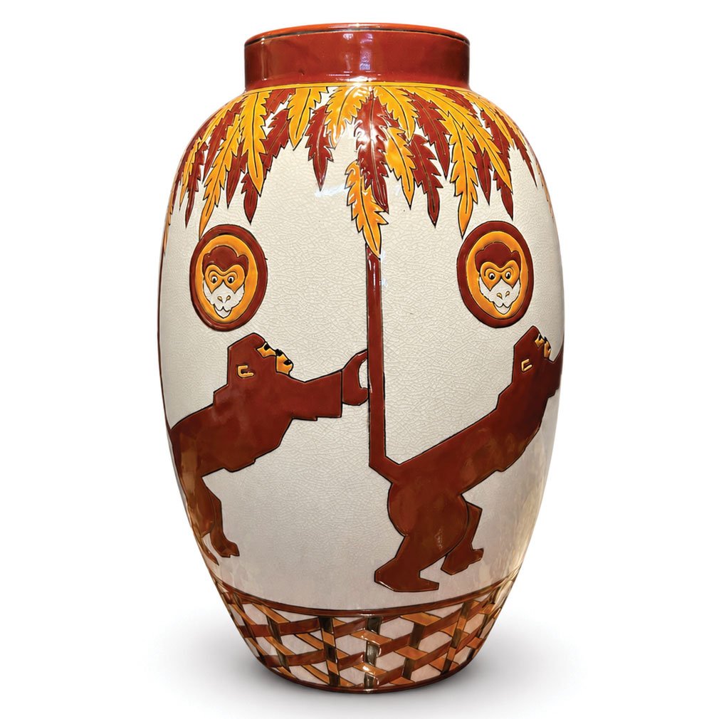 Art Deco Vase With Monkeys, Attributed To Keralouve, La Louvière