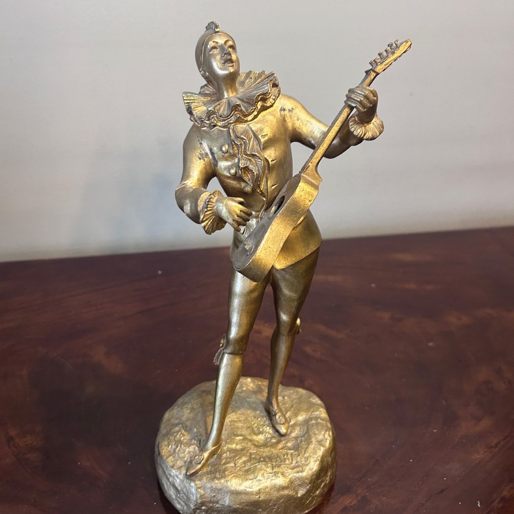 Gilded Bronze Sculpture, "pierrot The Musician," Signed By E. Favart-photo-2