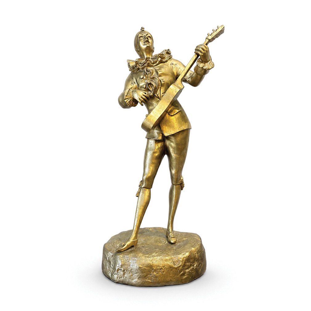 Gilded Bronze Sculpture, "pierrot The Musician," Signed By E. Favart
