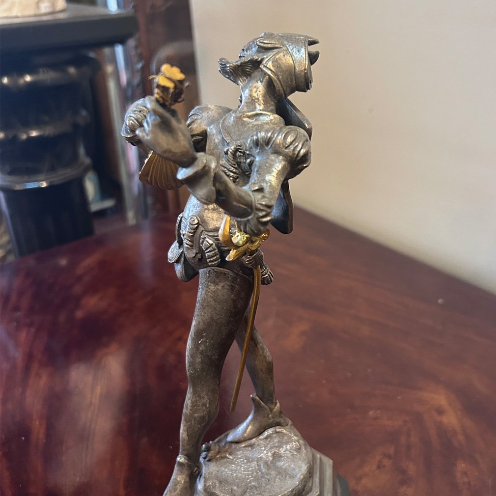 Sculpture De Troubadour Musicien En Bronze Argenté Patiné-photo-3