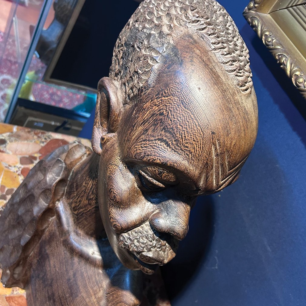 Buste Africain En Bois Exotique Sculpté, XXe Siècle-photo-3
