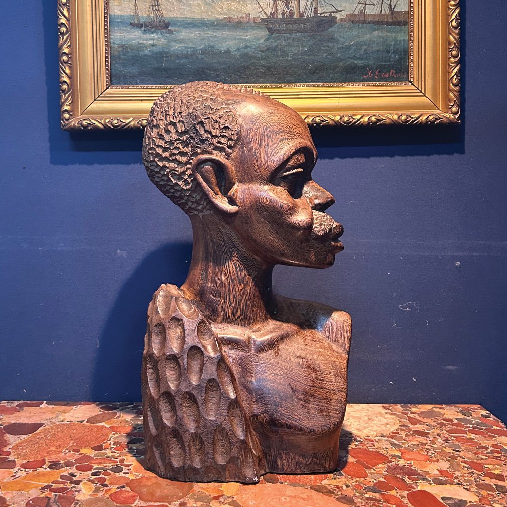 Buste Africain En Bois Exotique Sculpté, XXe Siècle-photo-4