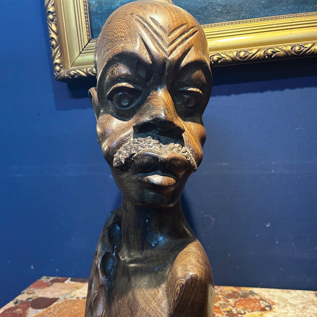 Buste Africain En Bois Exotique Sculpté, XXe Siècle-photo-1