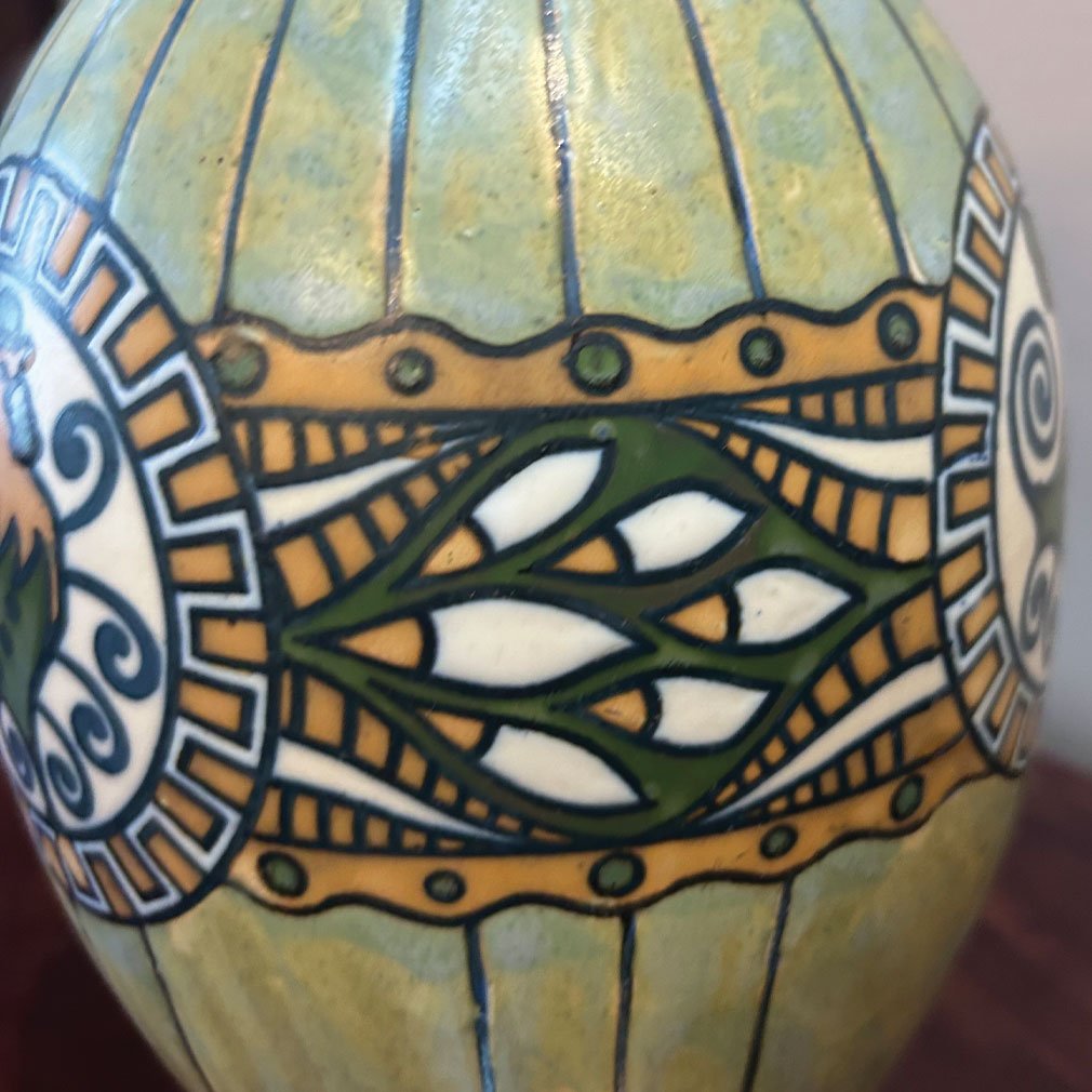 Vase Art Déco En Grès Keramis Boch Frères, Décor D.635 Aux Coqs Stylisés, Belgique Vers 1920's-photo-4