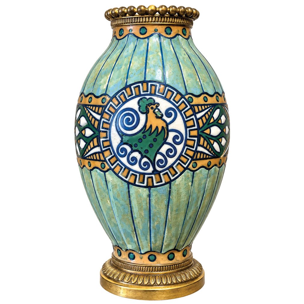 Vase Art Déco En Grès Keramis Boch Frères, Décor D.635 Aux Coqs Stylisés, Belgique Vers 1920's