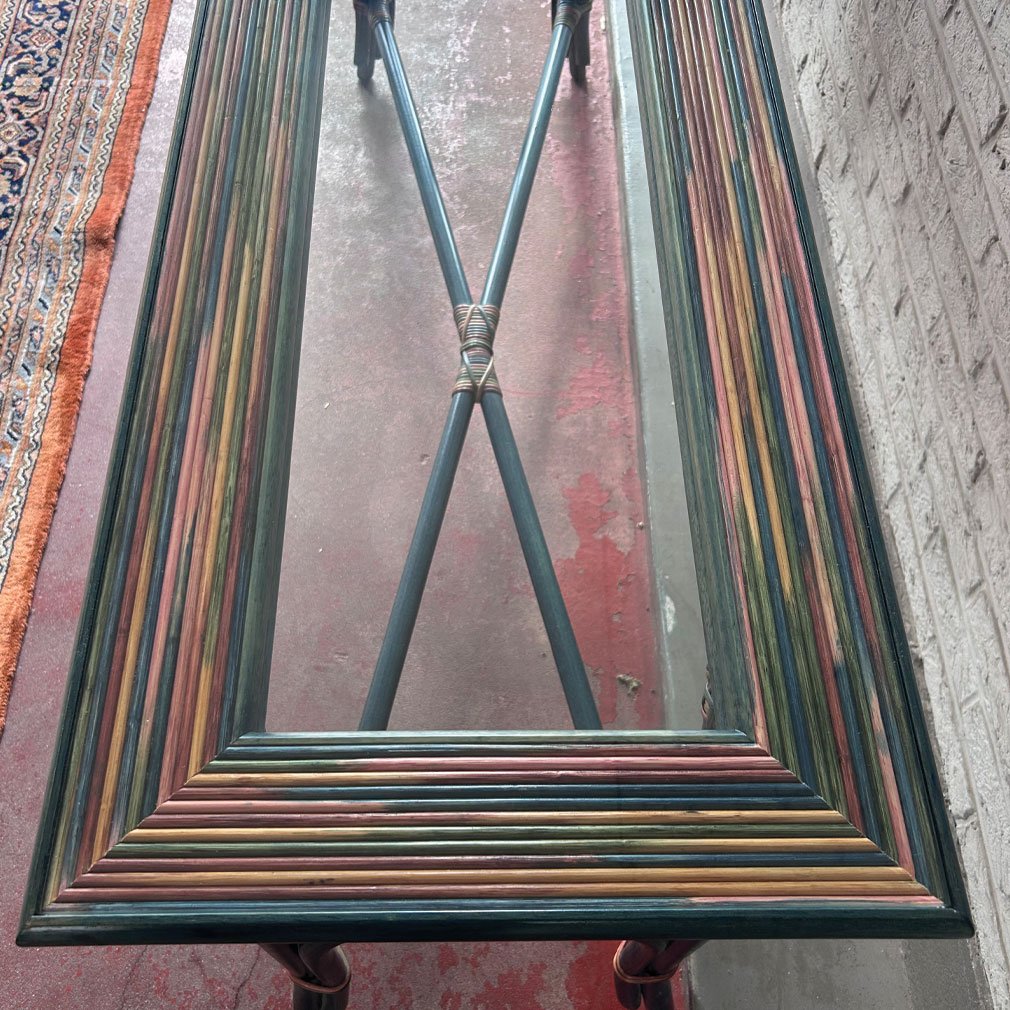Console Vintage En Bambou Et Rotin Avec Plateau En Verre, | Multicolore Vers 1970–1980-photo-2