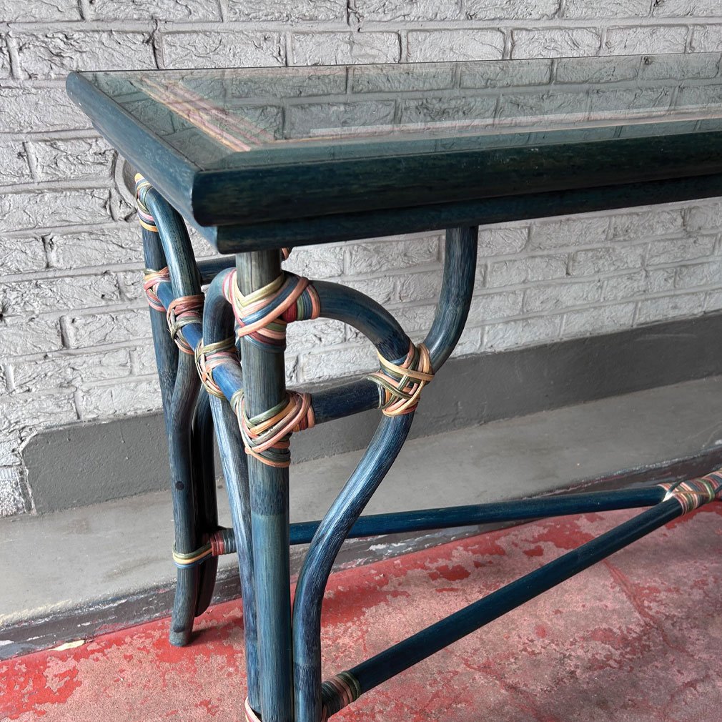 Console Vintage En Bambou Et Rotin Avec Plateau En Verre, | Multicolore Vers 1970–1980-photo-3