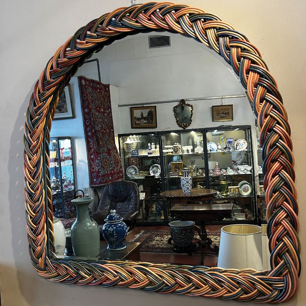 Large Multicolored Woven Rattan And Bamboo Wall Mirror, Circa 1970–1980-photo-3