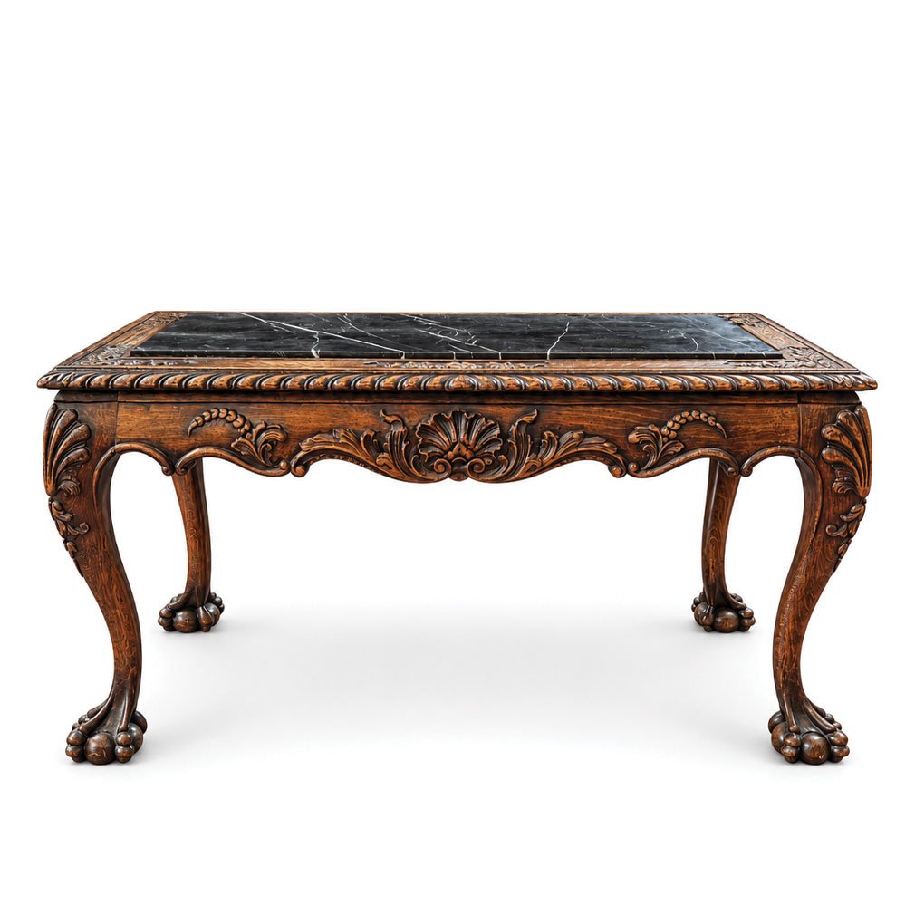Table Basse Chippendale Revival En Bois Sculpté Et Marbre Noir, Vers 1920–1940