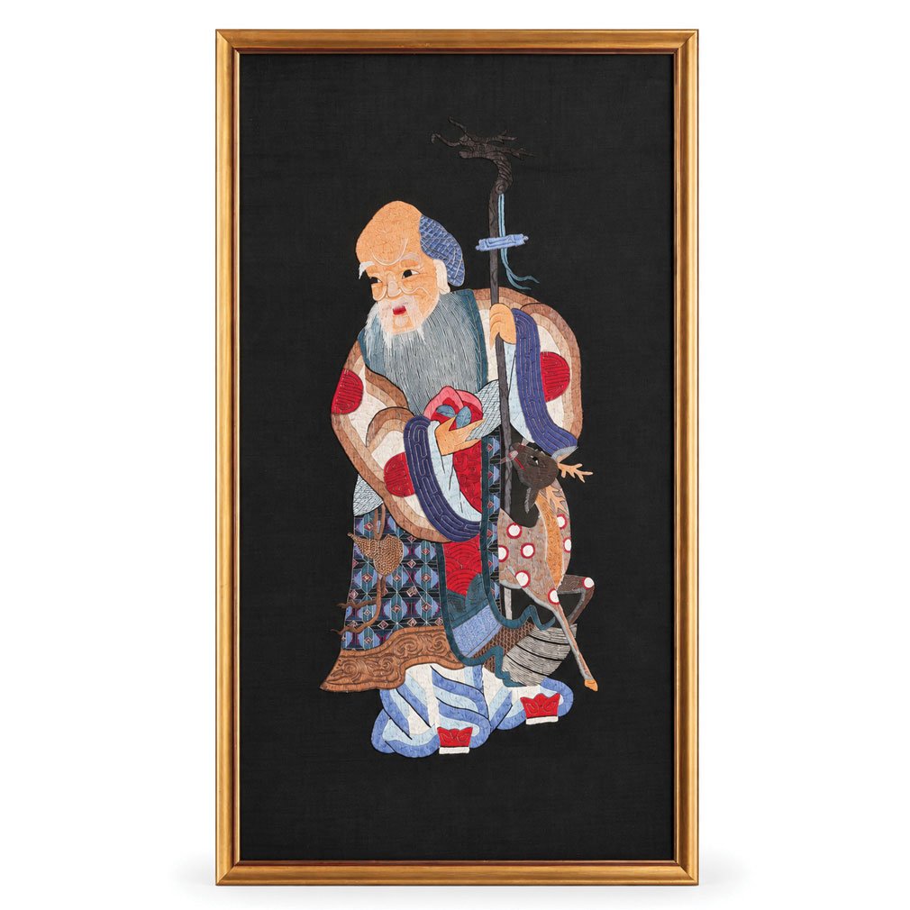 Grand Panneau Brodé Chinois Représentant Shou Lao, Dieu De La Longévité