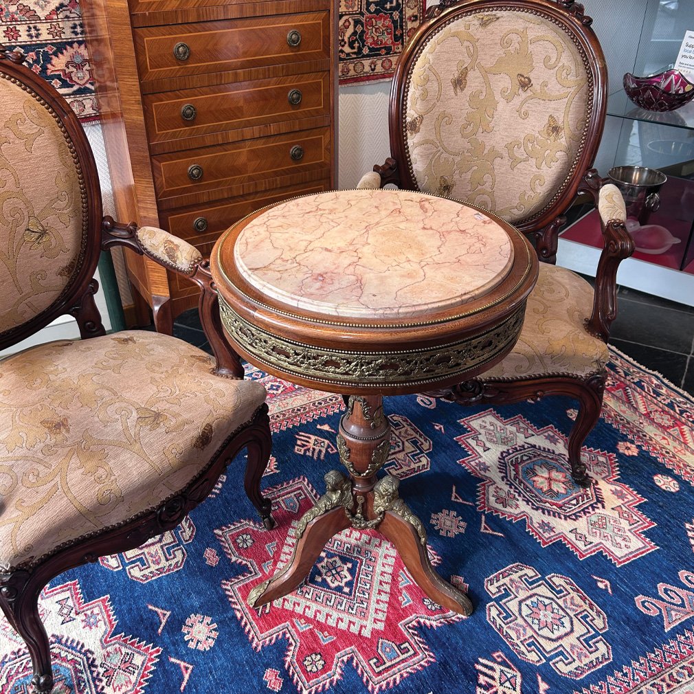 Guéridon De Style Napoléon III En Bois, Marbre Rose Et Métal Doré, Milieu XXe-photo-2