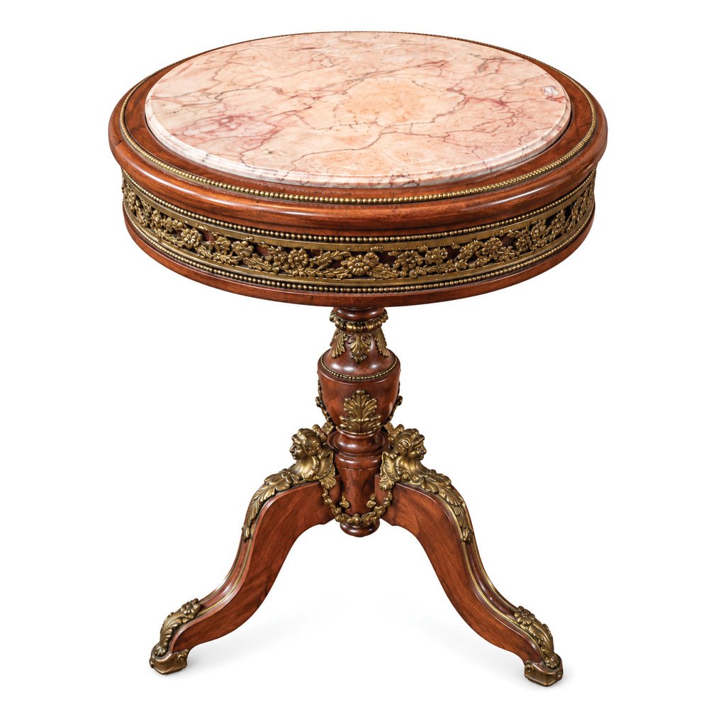 Guéridon De Style Napoléon III En Bois, Marbre Rose Et Métal Doré, Milieu XXe