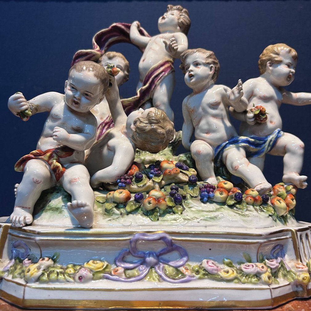 Polychrome Porcelain Set – Six Putti With Fruit – Rococo Style-photo-4