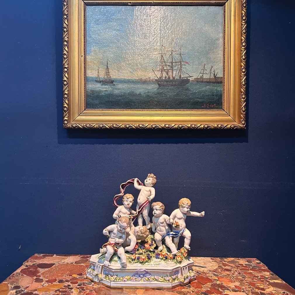 Polychrome Porcelain Set – Six Putti With Fruit – Rococo Style-photo-1