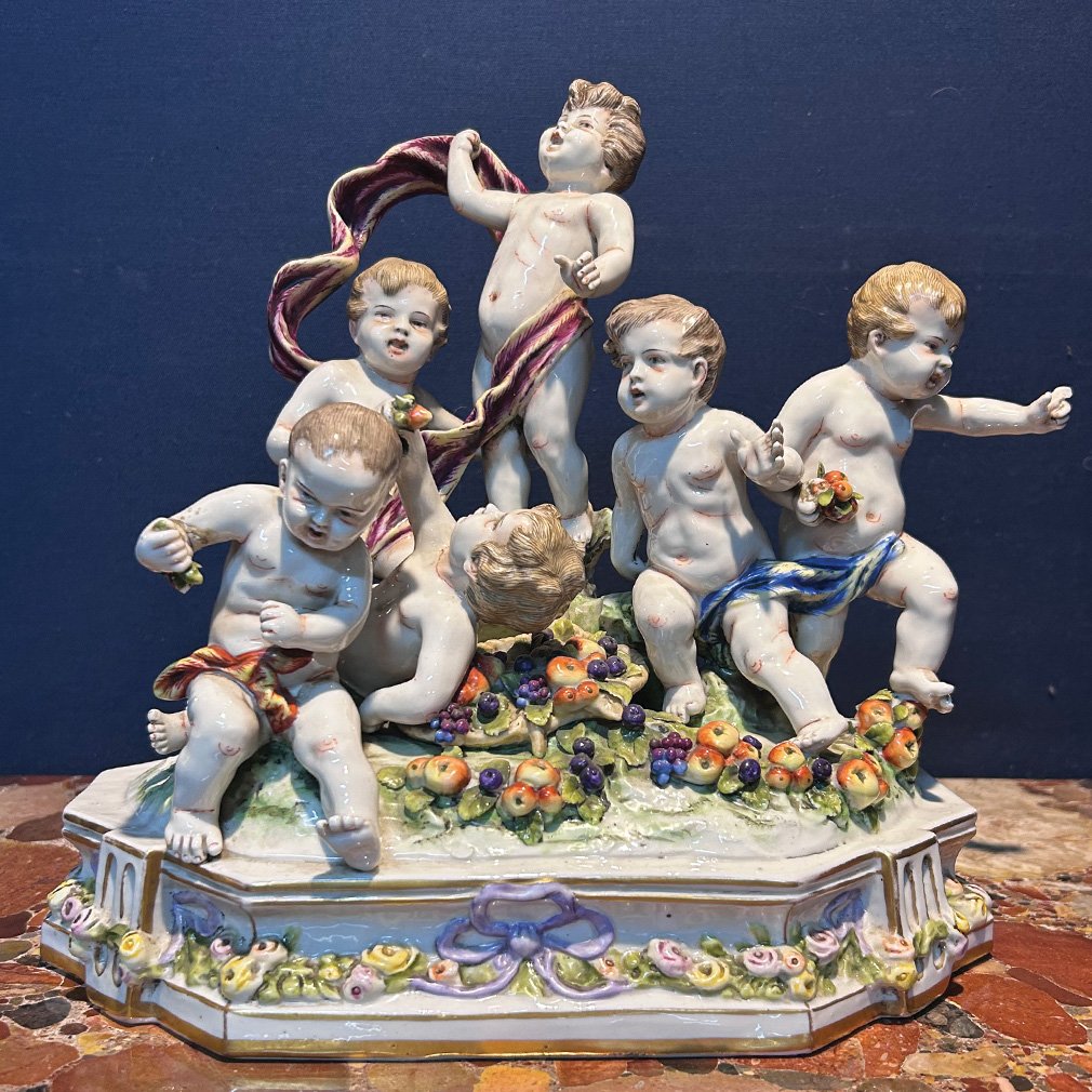 Polychrome Porcelain Set – Six Putti With Fruit – Rococo Style