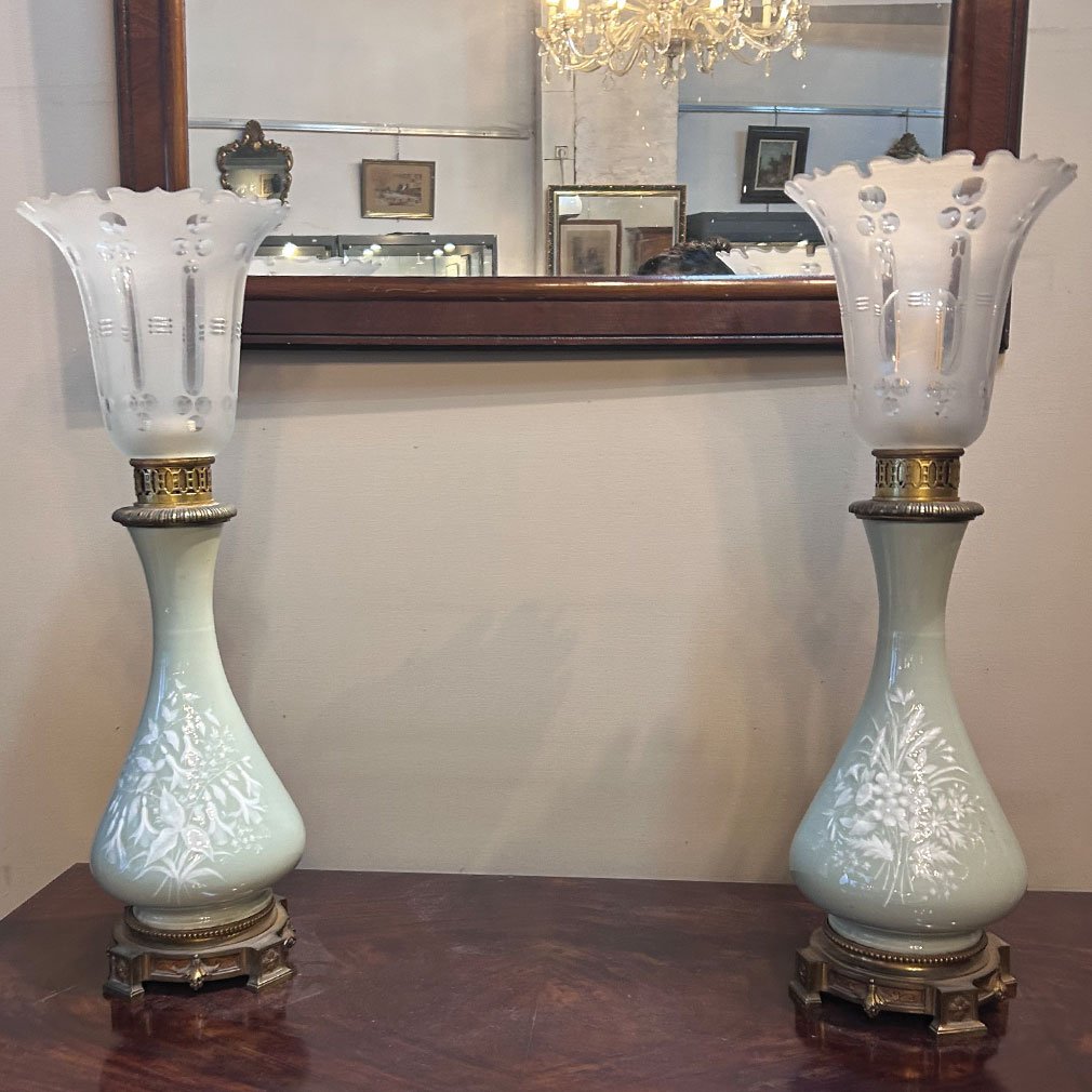 Paire De Lampes à Pétrole En Porcelaine Céladon – Maison Gagneau, Fin XIXe Siècle-photo-2