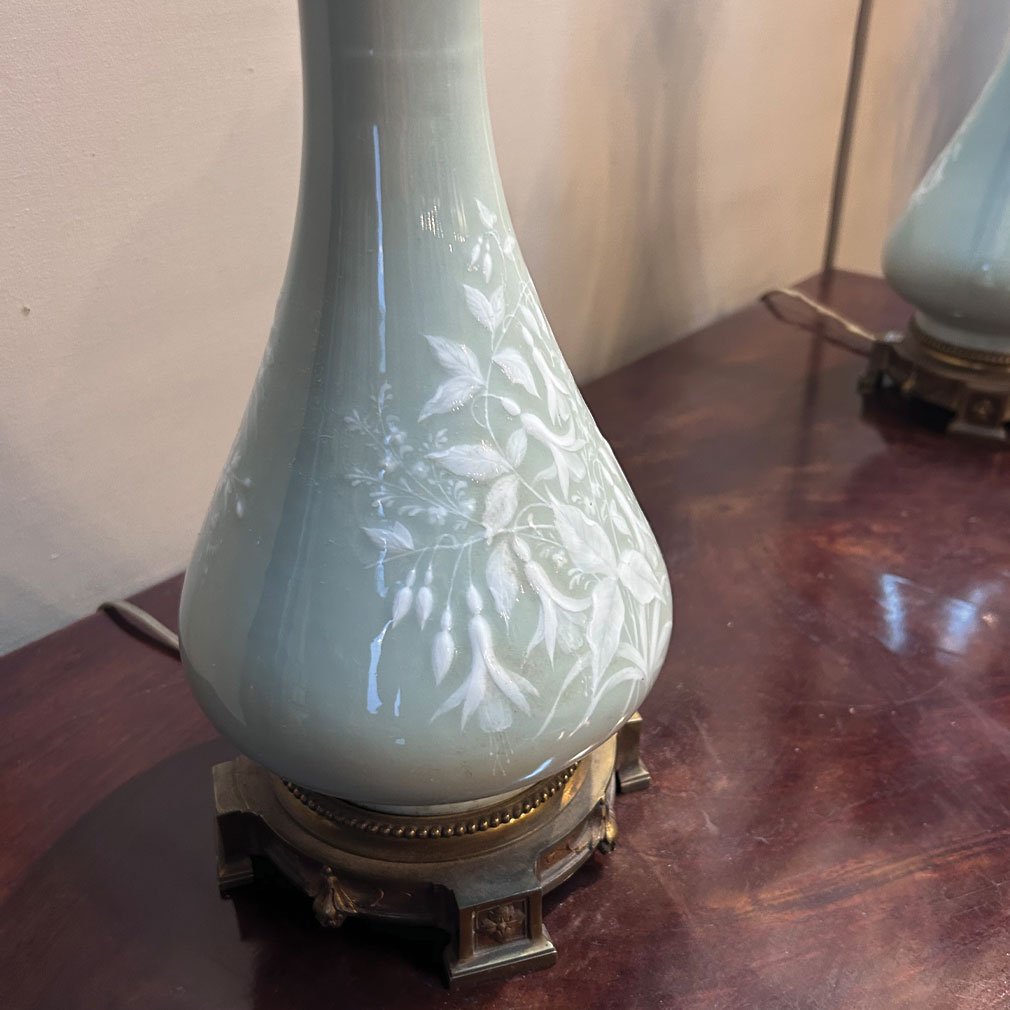 Paire De Lampes à Pétrole En Porcelaine Céladon – Maison Gagneau, Fin XIXe Siècle-photo-4