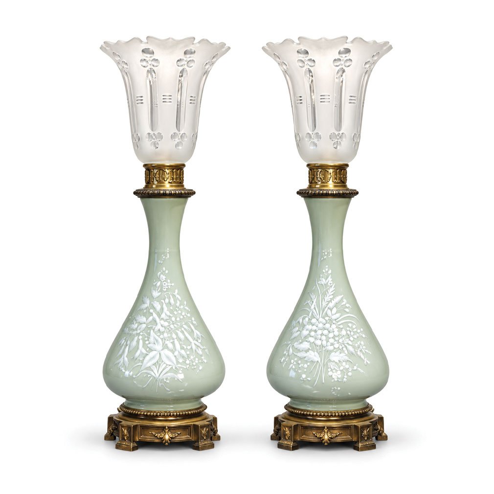 Paire De Lampes à Pétrole En Porcelaine Céladon – Maison Gagneau, Fin XIXe Siècle
