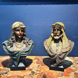 Pair Of Orientalist Busts In Polychrome Terracotta