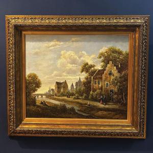 Paysage De Village Européen, Huile Sur Toile Du XIXe Siècle, Encadrée