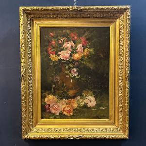 Vintage Flemish Still Life With Roses, Framed Oil On Canvas