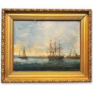 Signed Seascape With Sailing Ships, Oil On Canvas, Circa 1900