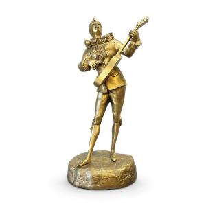 Sculpture En Bronze Doré, Pierrot Musicien Signé E. Favart