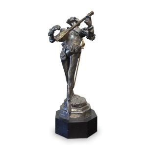 Sculpture Of A Troubadour Musician In Silver-plated Bronze With A Patina Finish