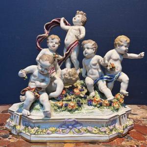 Polychrome Porcelain Set – Six Putti With Fruit – Rococo Style