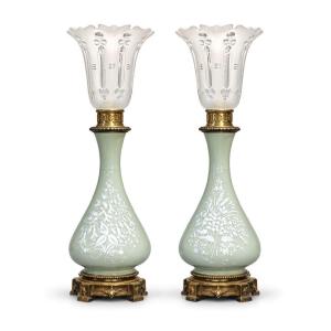 Pair Of Celadon Porcelain Kerosene Lamps – Maison Gagneau, Late 19th Century