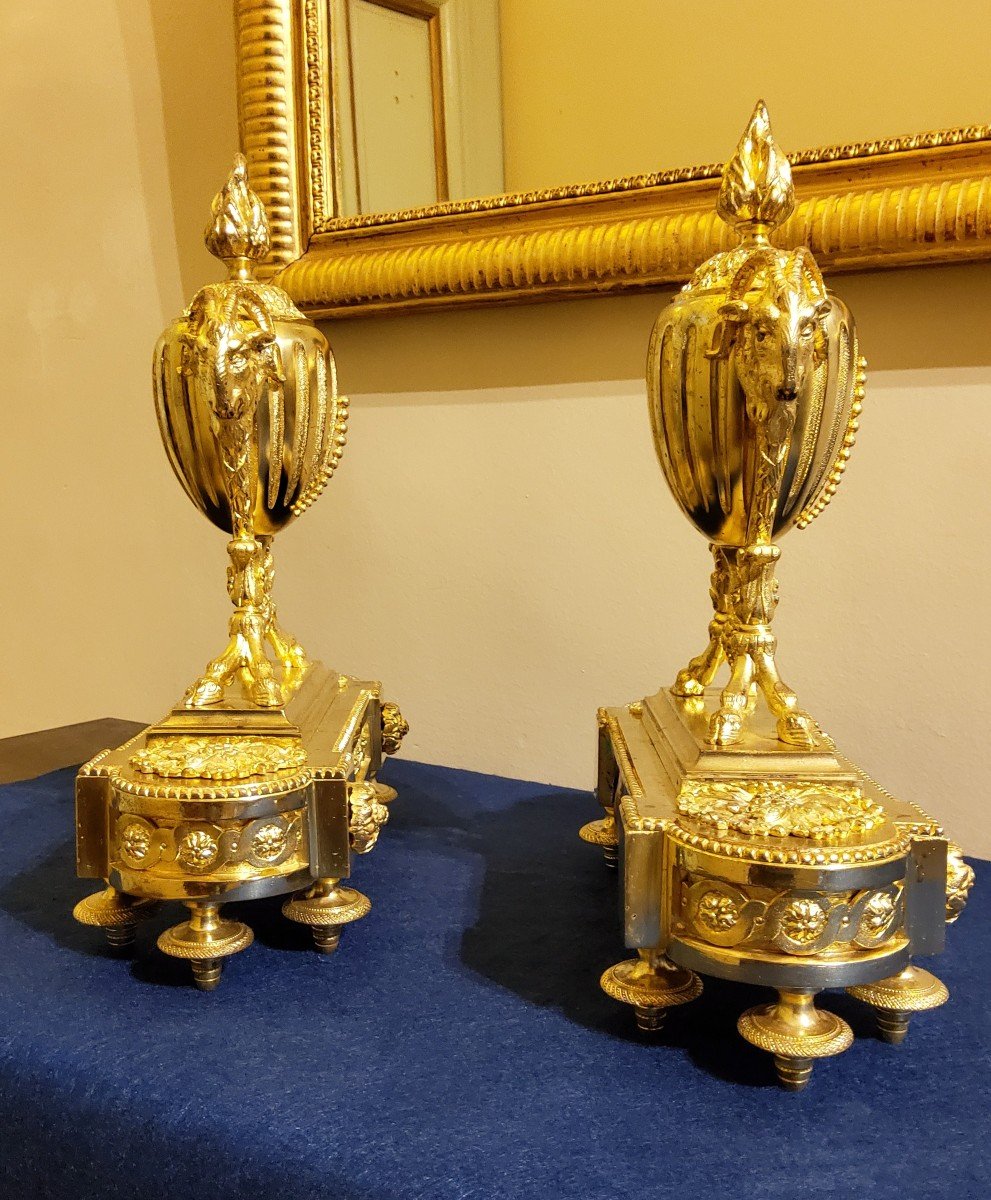 Paire De Chenets En Bronzes Dorés Style Louis XVI Aux Pots à Feux Et Béliers XIXéme _Beurdeley -photo-6