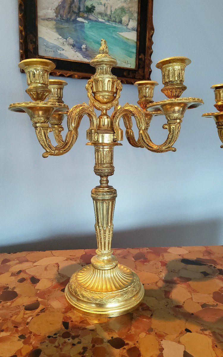 Paire De Candélabres à Transformations En Bronzes Dorés Style Louis XVI - XIXéme-photo-2