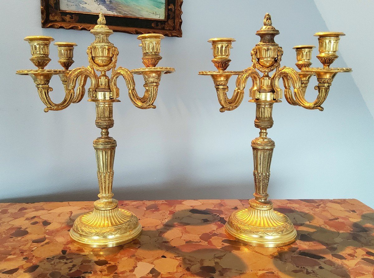 Paire De Candélabres à Transformations En Bronzes Dorés Style Louis XVI - XIXéme