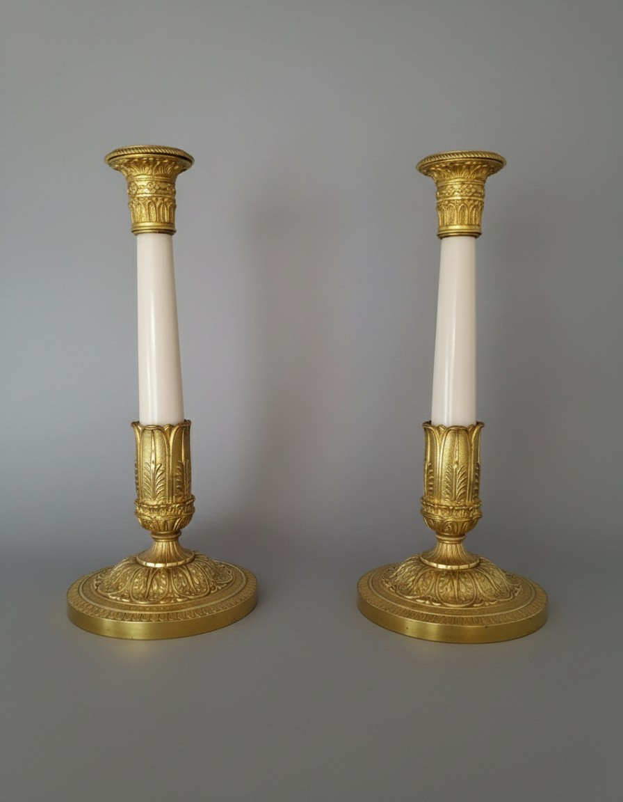 Pair Of Candlesticks In Gilt Bronzes And White Carrara Marble Late 19th Century Empire Style