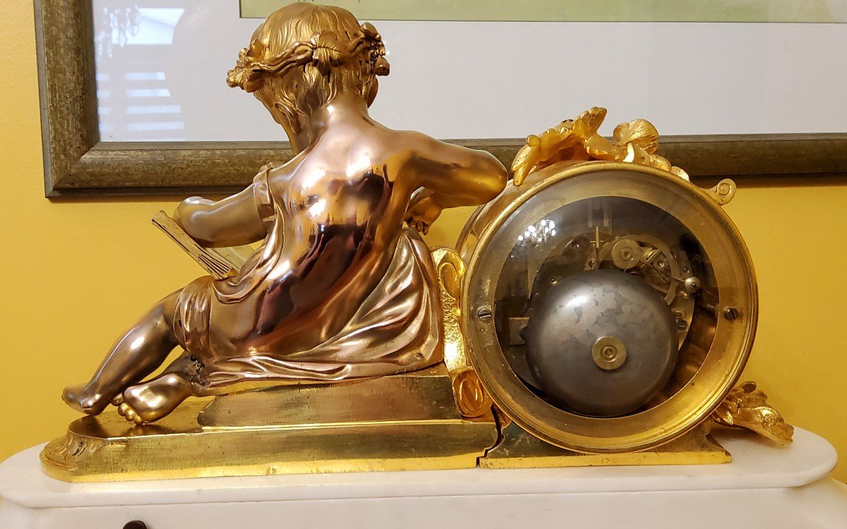 Pendule "putto à l'étude" En Bronzes Dorés Et Marbre De Carrare Signé Henri Picard XIXéme -photo-1