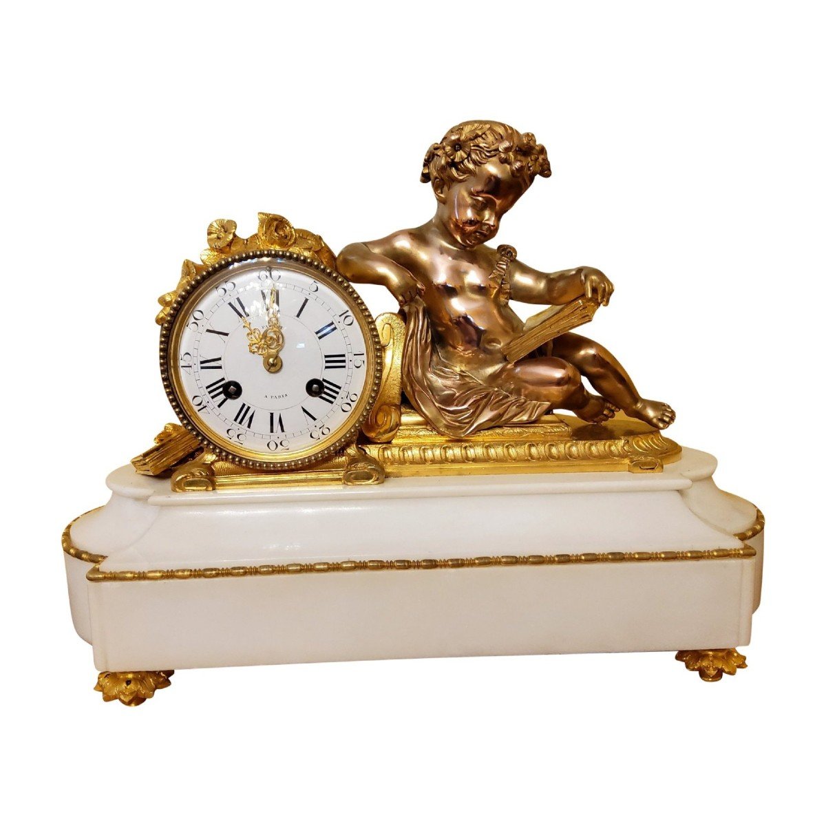 Pendule "putto à l'étude" En Bronzes Dorés Et Marbre De Carrare Signé Henri Picard XIXéme 