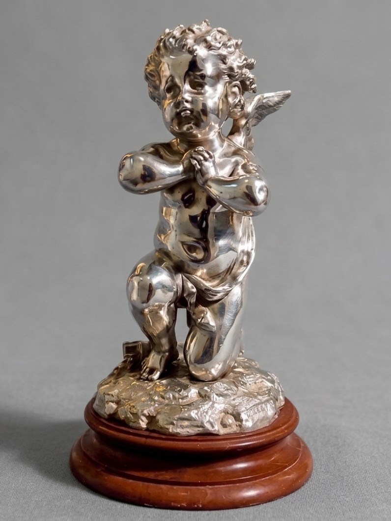 Silvered Bronze Sculpture "cupid" By Louis Kley, 19th Century Marble Base