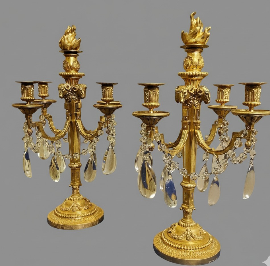 Paire De Candélabres "à La Grecque" Bronzes Dorés Et Cristaux Signé Eugéne Hazart Paris XIXéme