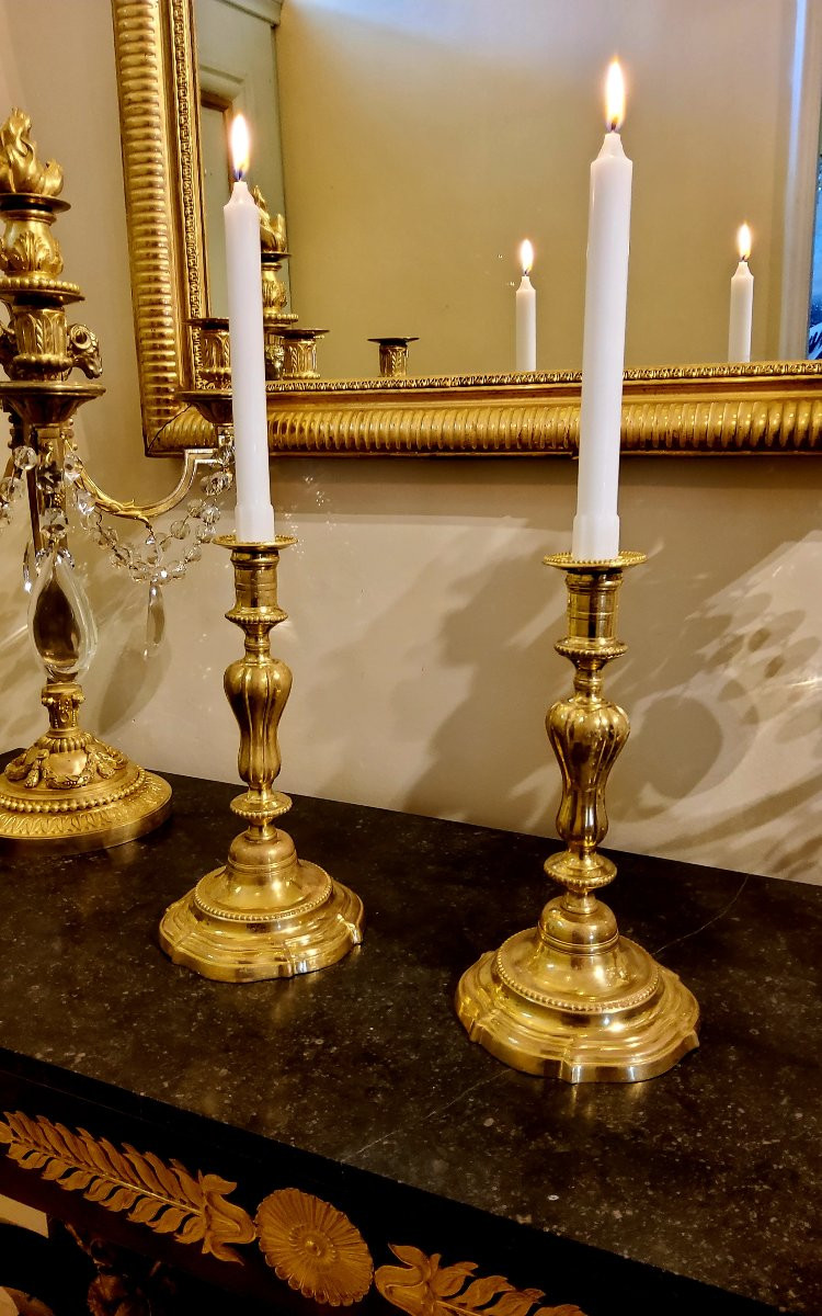 Pair Of Gilt Bronze Candlesticks, Louis XV Period, 18th Century.-photo-1