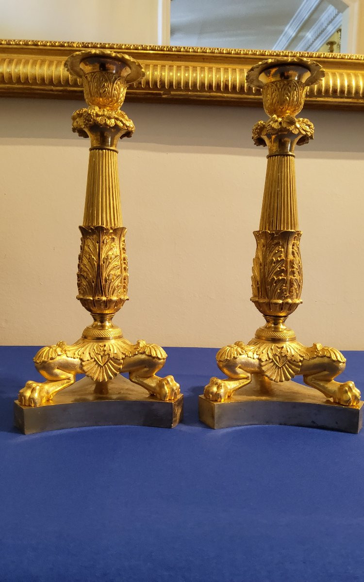Paire De Bougeoirs à Jarrets De Lions En Bronzes Ciselés Et Dorés Epoque XIXéme-photo-8