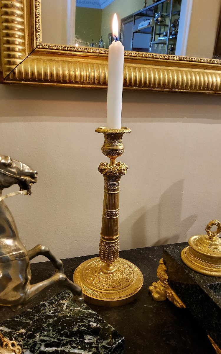 Pair Of Gilded And Chiseled Bronze Candlesticks, 19th Century Restoration-photo-2