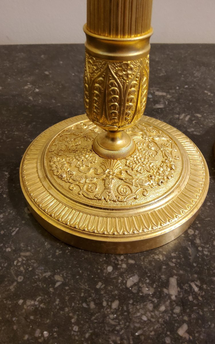 Pair Of Gilded And Chiseled Bronze Candlesticks, 19th Century Restoration-photo-4