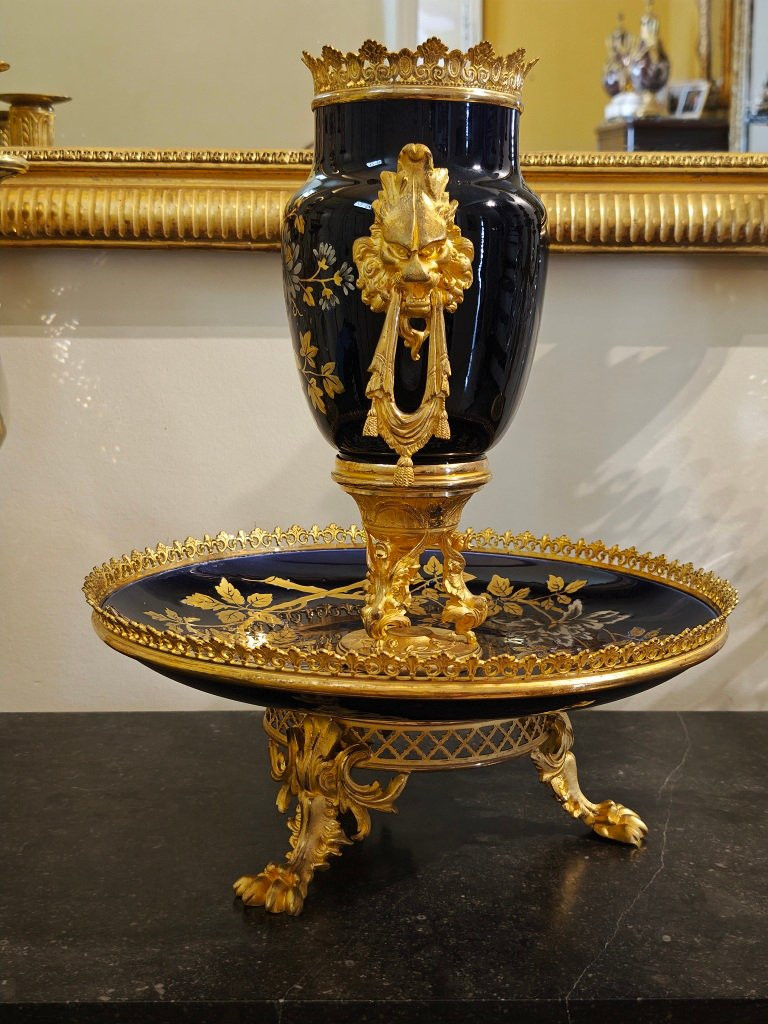 Coupe en Faïence fine Bleue à décor Floral Monture de bronzes dorés Sarreguemines XIXéme -photo-3