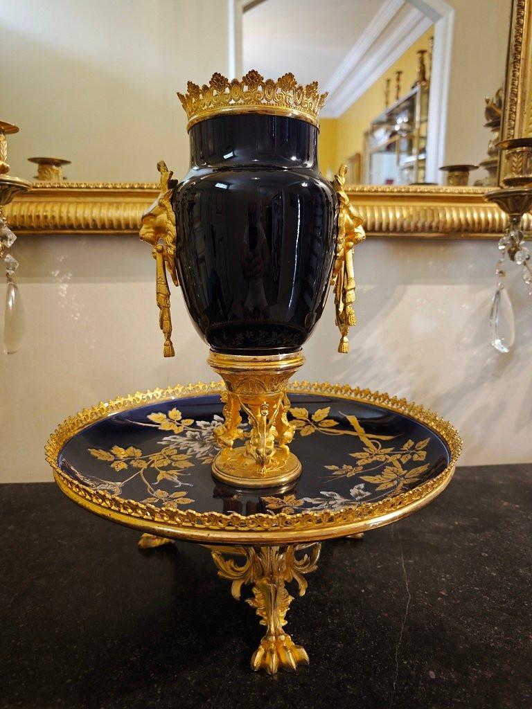 Coupe en Faïence fine Bleue à décor Floral Monture de bronzes dorés Sarreguemines XIXéme -photo-4