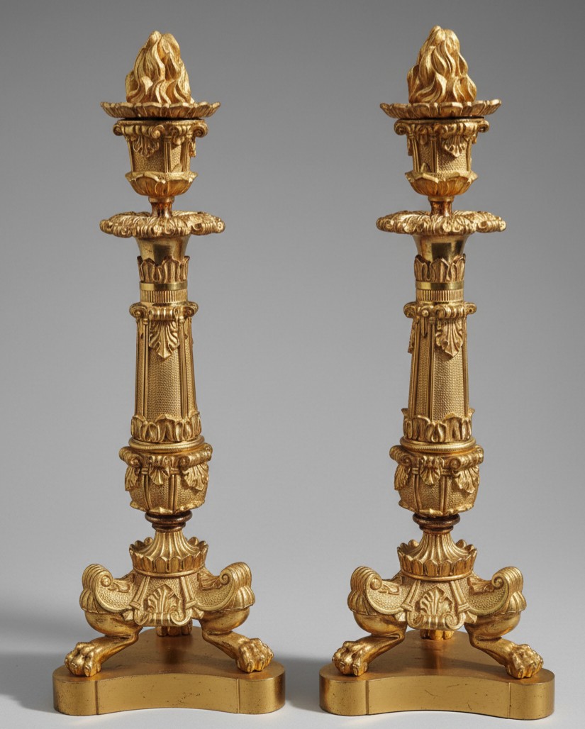 Paire de flambeaux en bronze doré d'époque Restauration, vers 1830.