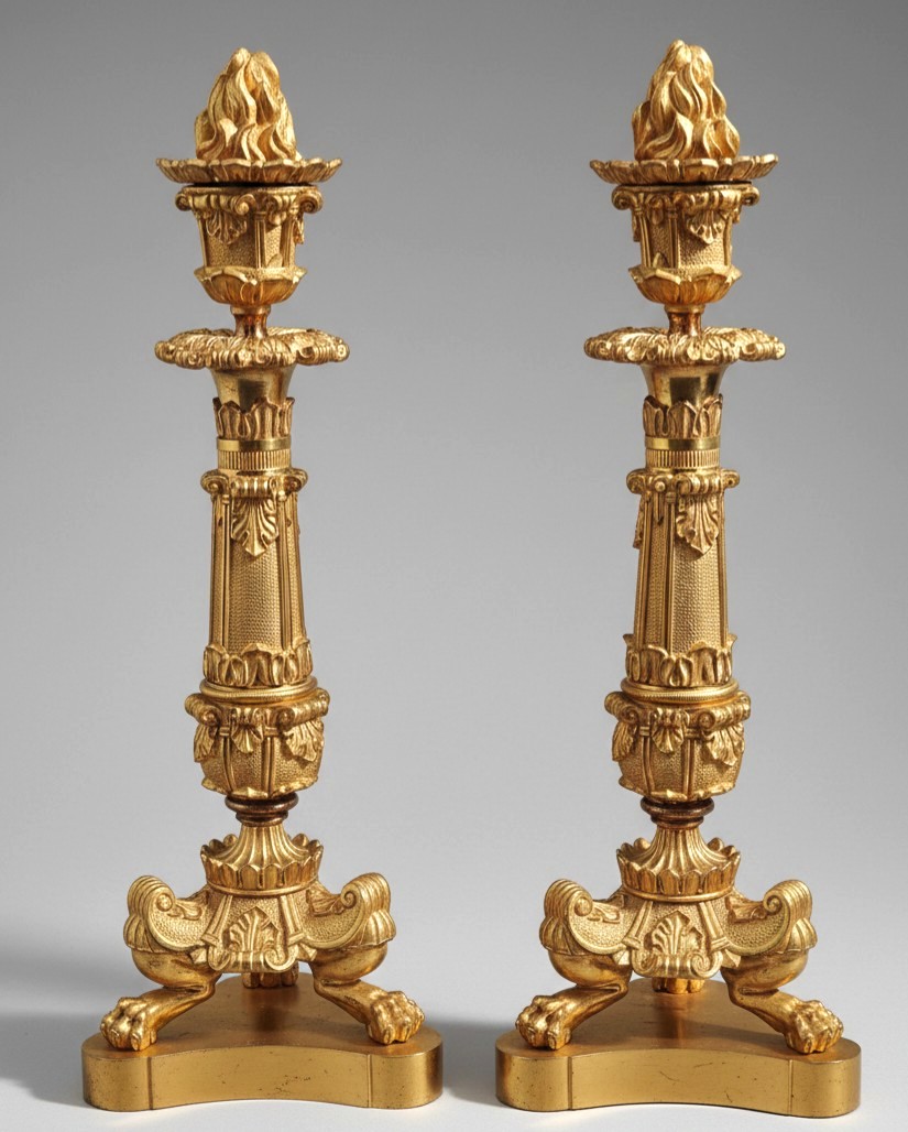 Pair Of Gilt Bronze Candlesticks From The Restoration Period, Circa 1830.
