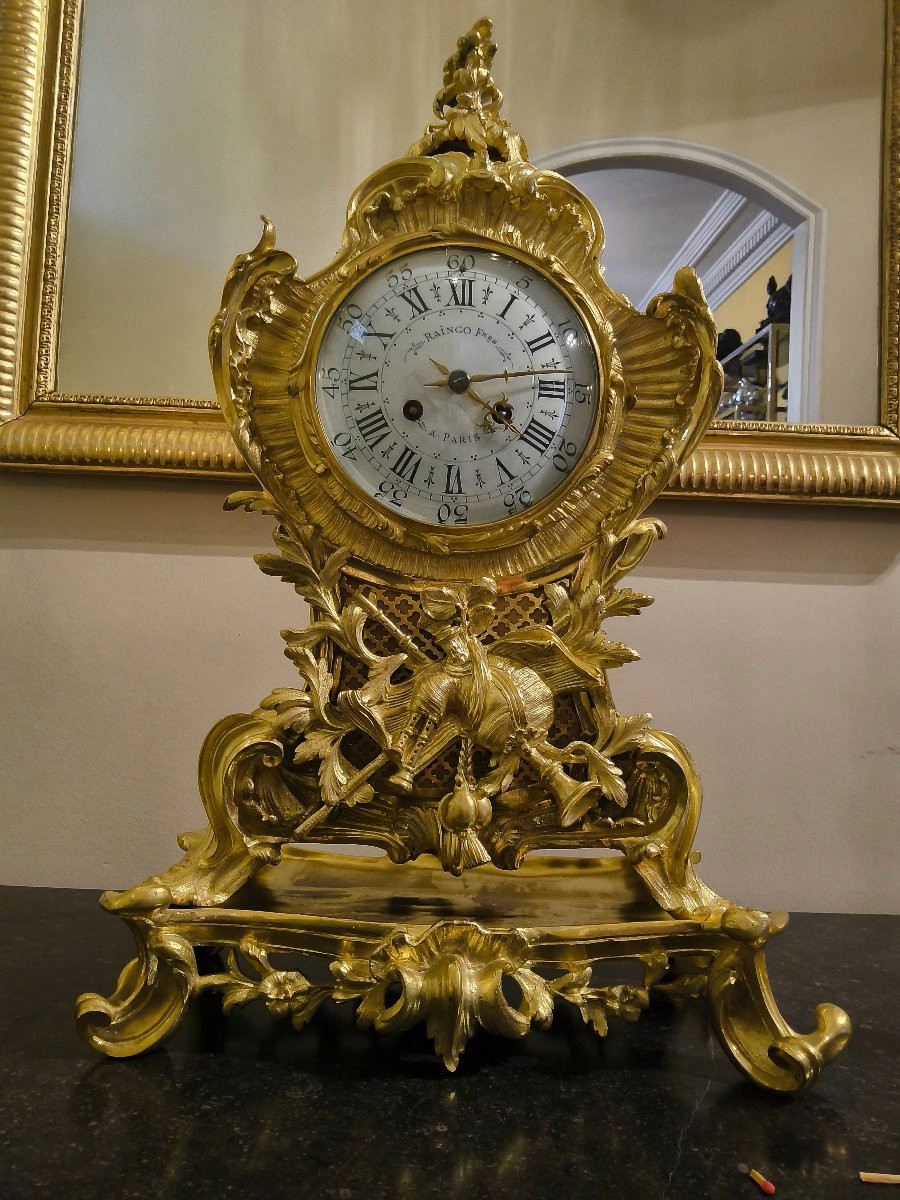 Louis XV Rocaille Style Gilt Bronze Console Clock Signed Raingo Fréres, 19th Century-photo-2
