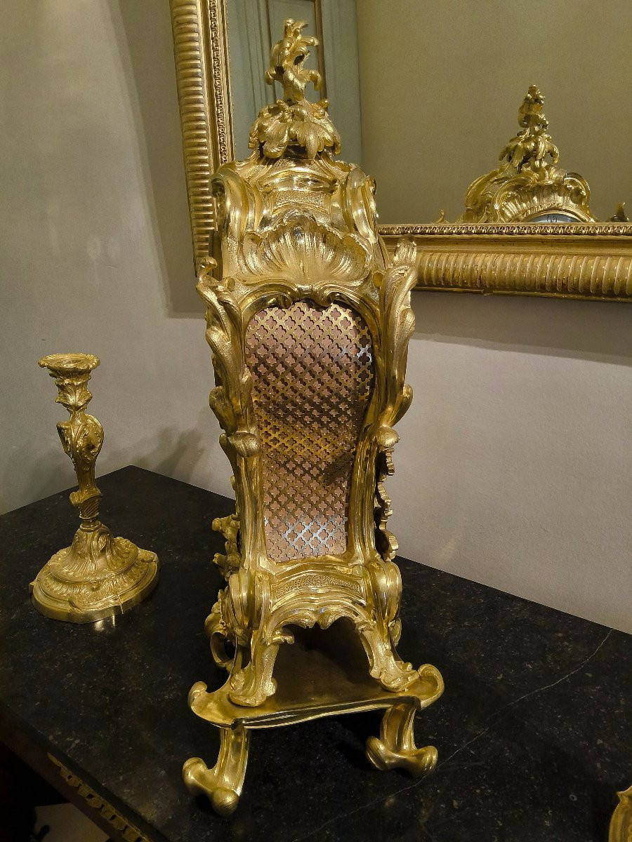 Louis XV Rocaille Style Gilt Bronze Console Clock Signed Raingo Fréres, 19th Century-photo-4
