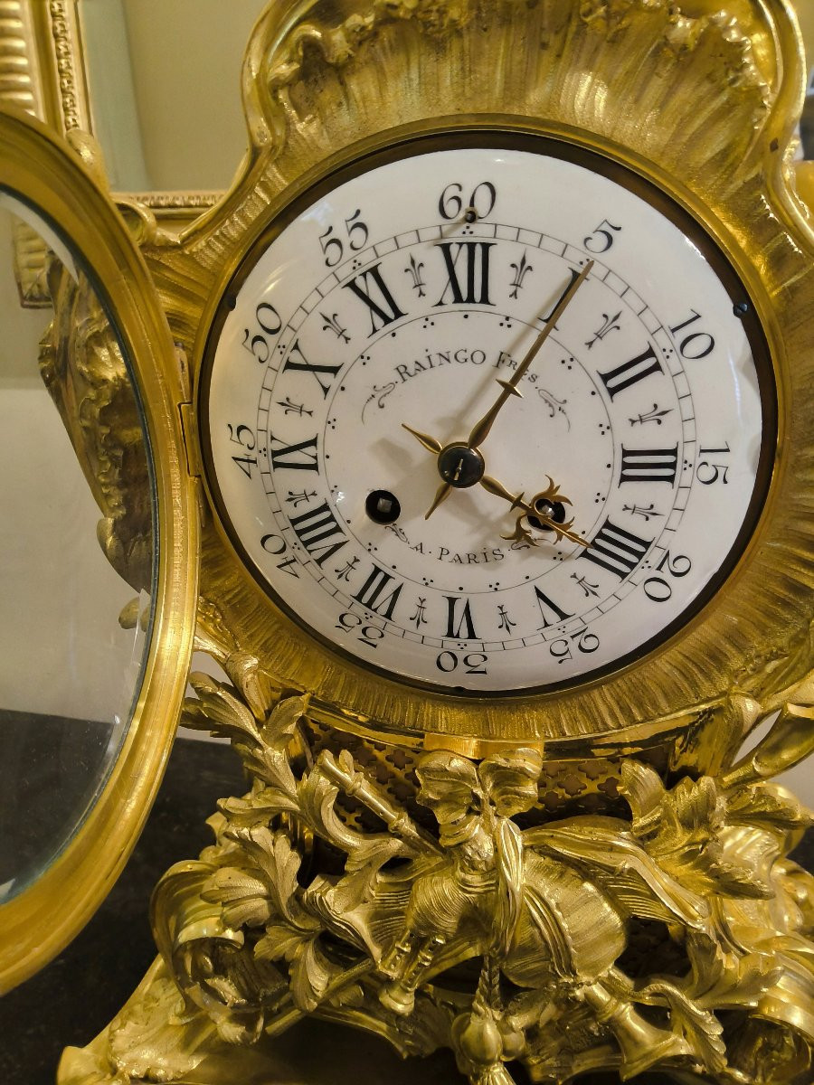 Louis XV Rocaille Style Gilt Bronze Console Clock Signed Raingo Fréres, 19th Century-photo-2